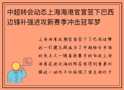 中超转会动态上海海港官宣签下巴西边锋补强进攻新赛季冲击冠军梦
