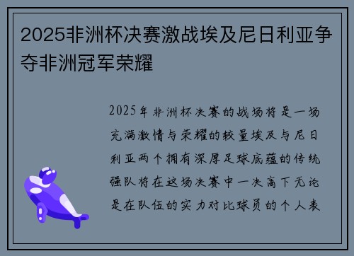 2025非洲杯决赛激战埃及尼日利亚争夺非洲冠军荣耀