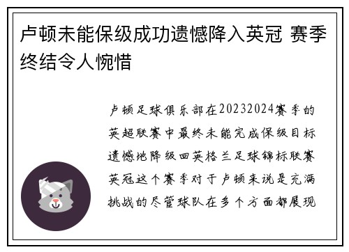 卢顿未能保级成功遗憾降入英冠 赛季终结令人惋惜 卢顿未能保级成功遗憾降入英冠 赛季终结令人惋惜